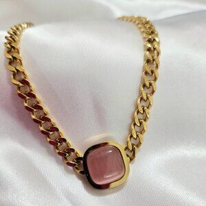 Gold Plated Stainless Steel Square Pink Women Necklaces